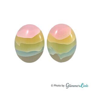 Vintage Lucite Pastel Stripe Oval Earrings 1980s Pink Yellow Green Blue